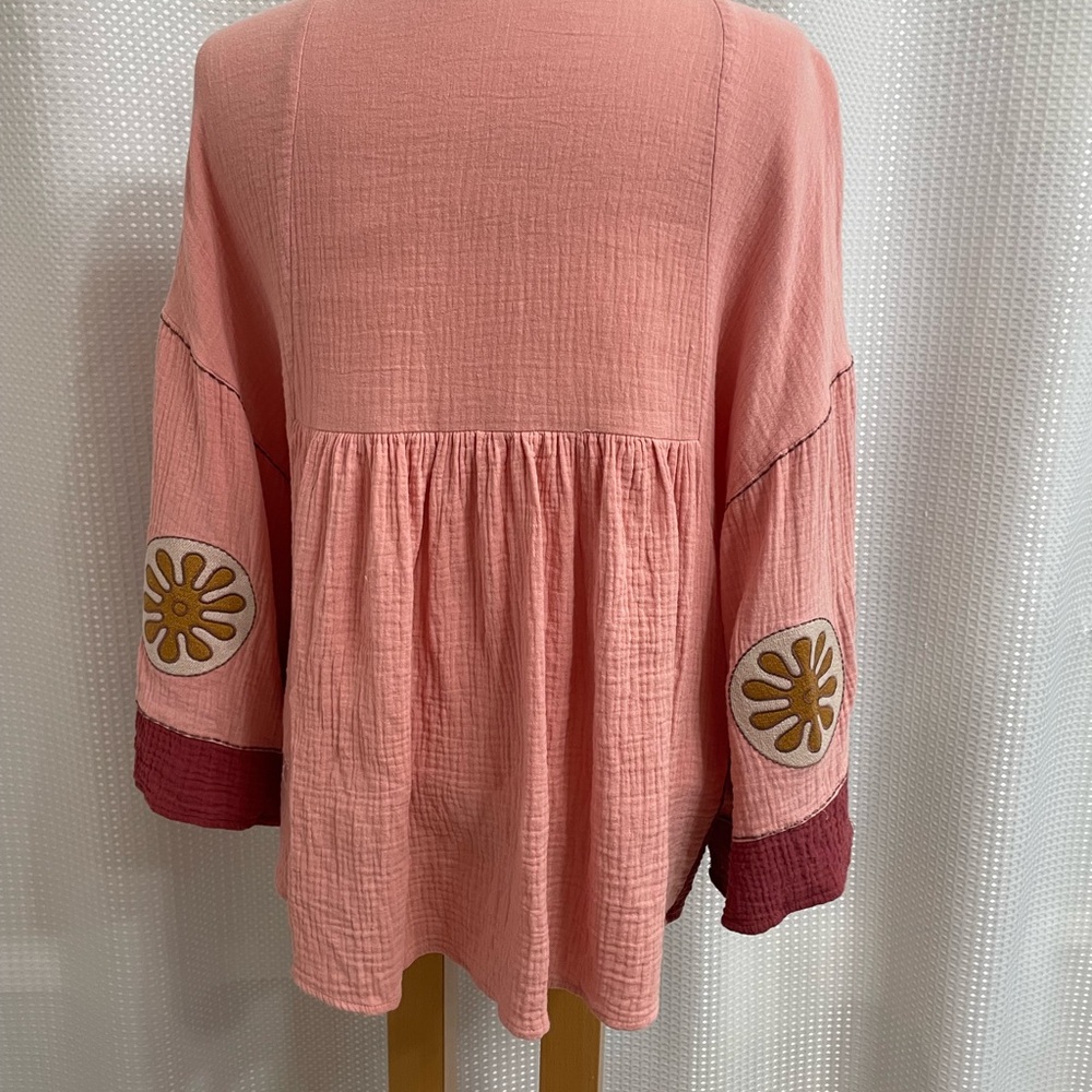 Easel Babydoll Top Gauzy Bohemian Pink Embroidered Women's L - Picture 2 of 6